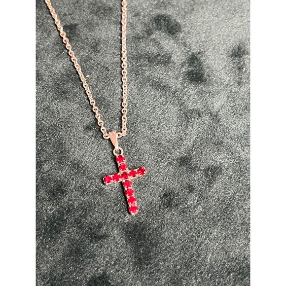 Jewelry - Gold Tone Red Rhinestone Cross Pendant Necklace Religious Jewelry 18-20 Inch